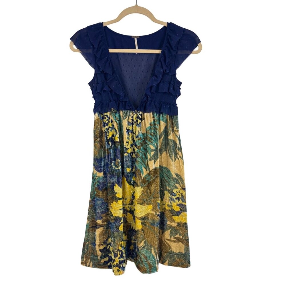 Free People XS  Vtg Y2K Blue Floral Velvet Midi Dress Ruffle Polka Dot Mesh